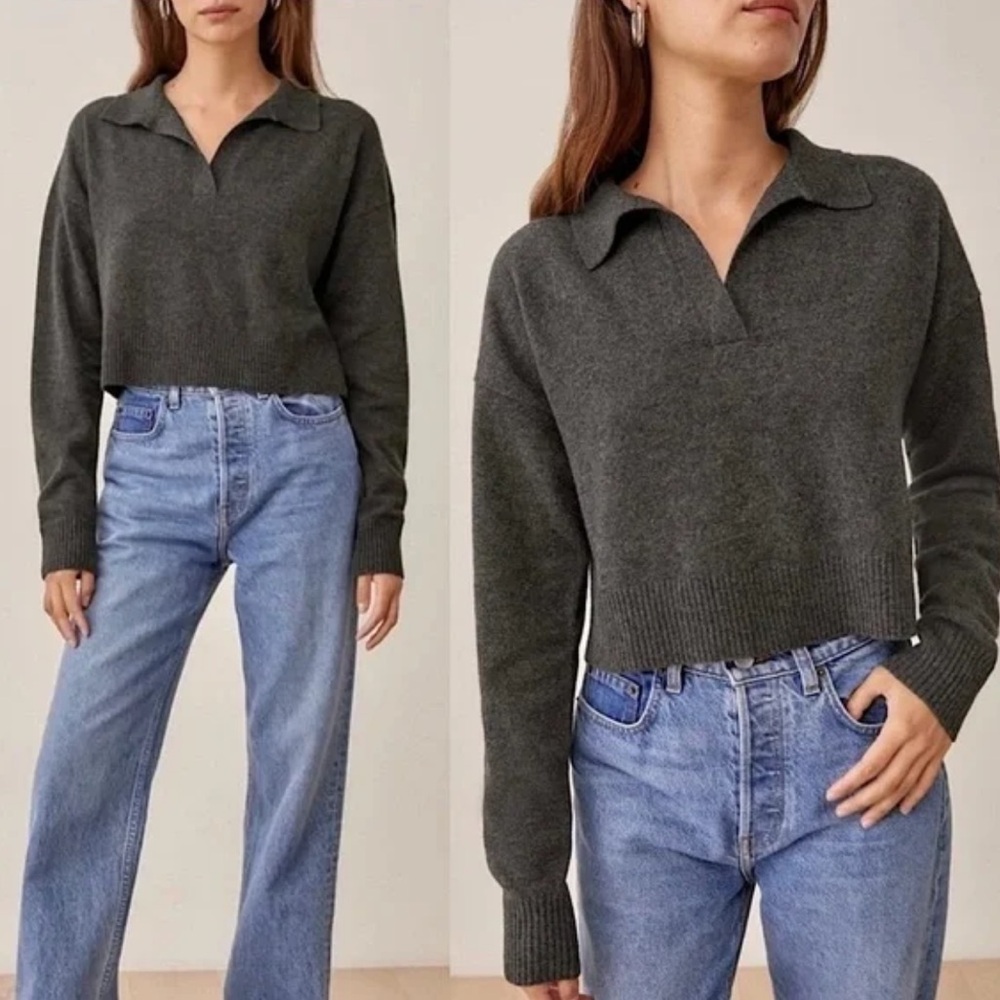 REFORMATION Cashmere Polo Sweater Gray Size XS